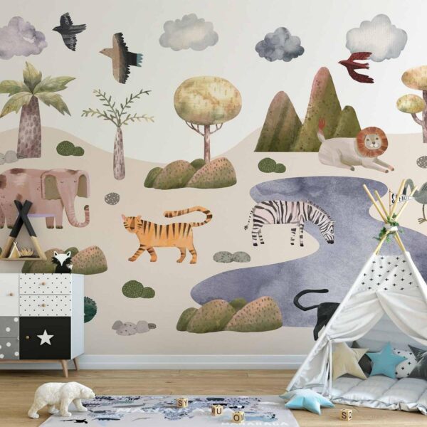 Papier peint - Africa for Toddlers - Savannah Animals in Pastel Colours Papier peint - Africa for Toddlers - Savannah Animals in Pastel Colours