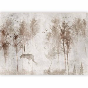 Papier peint - Among the trees - landscape in grey tones in fog in a clearing with birds