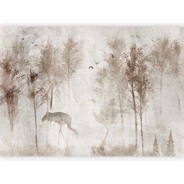 Papier peint - Among the trees - landscape in grey tones in fog in a clearing with birds