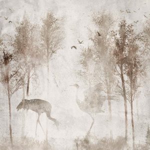 Papier peint - Among the trees - landscape in grey tones in fog in a clearing with birds