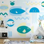 Papier peint - Animals in the sea - geometric blue fish in water for kids