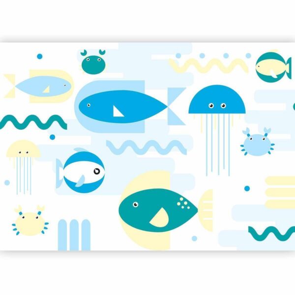 Papier peint - Animals in the sea - geometric blue fish in water for kids