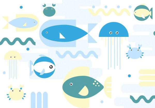 Papier peint - Animals in the sea - geometric blue fish in water for kids