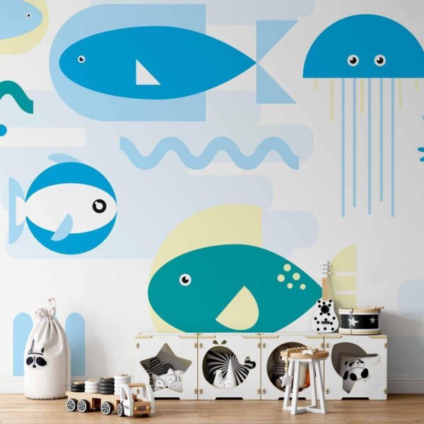 Papier peint - Animals in the sea - geometric blue fish in water for kids