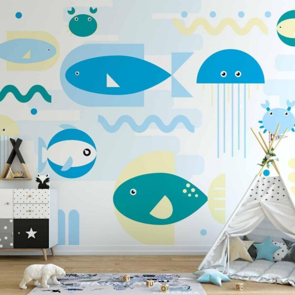 Papier peint - Animals in the sea - geometric blue fish in water for kids Papier peint - Animals in the sea - geometric blue fish in water for kids