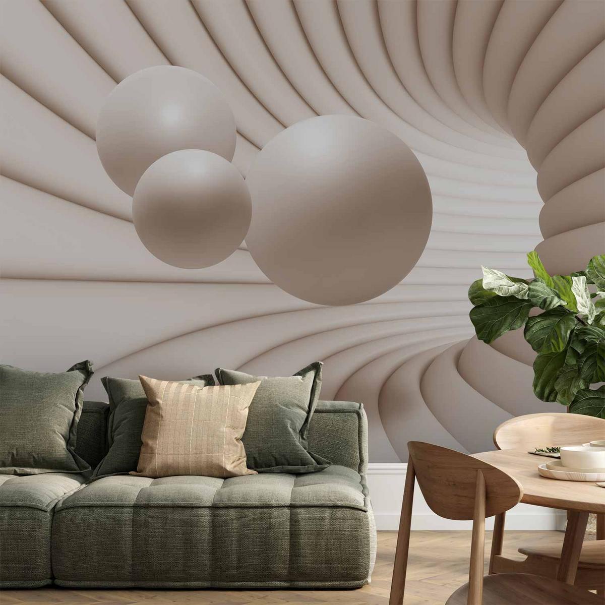 Papier peint panoramique 3D effet tunnel sur un mur d’accent de salon pour créer de la profondeur