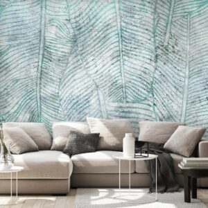 Papier peint - Banana leaves - plant motif blue lineart nature with pattern