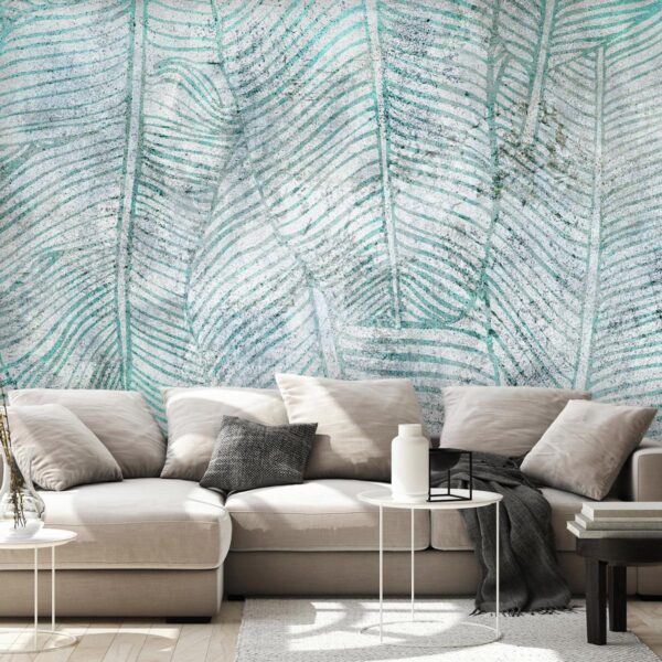 Papier peint - Banana leaves - plant motif blue lineart nature with pattern