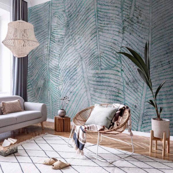 Papier peint - Banana leaves - plant motif blue lineart nature with pattern Papier peint - Banana leaves - plant motif blue lineart nature with pattern