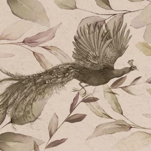 Papier peint - Bird among the leaves - floral motif with a flying peacock in cool tones