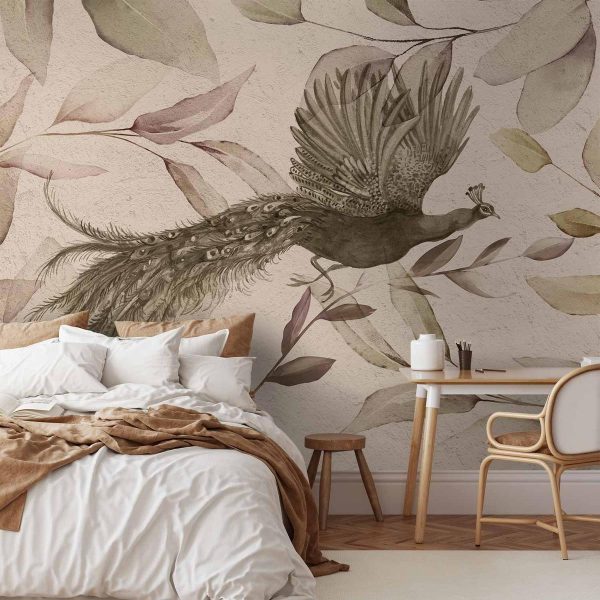 Papier peint - Bird among the leaves - floral motif with a flying peacock in cool tones Papier peint - Bird among the leaves - floral motif with a flying peacock in cool tones