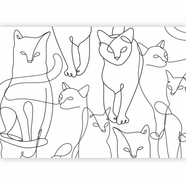 Papier peint - Cat lineart - minimalist sketches of black cats on white background
