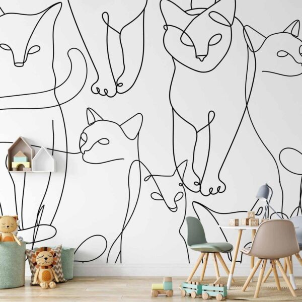 Papier peint - Cat lineart - minimalist sketches of black cats on white background