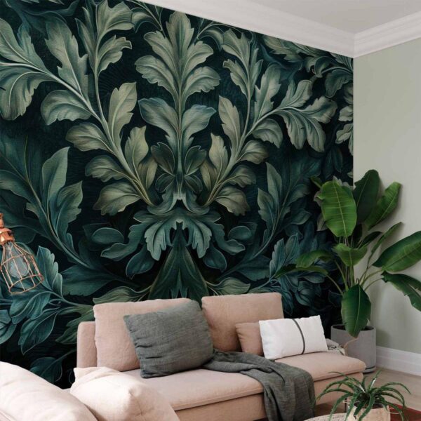 Papier peint - Dark Green Victorian Leaves: Botanical Carved Composition Papier peint - Dark Green Victorian Leaves: Botanical Carved Composition