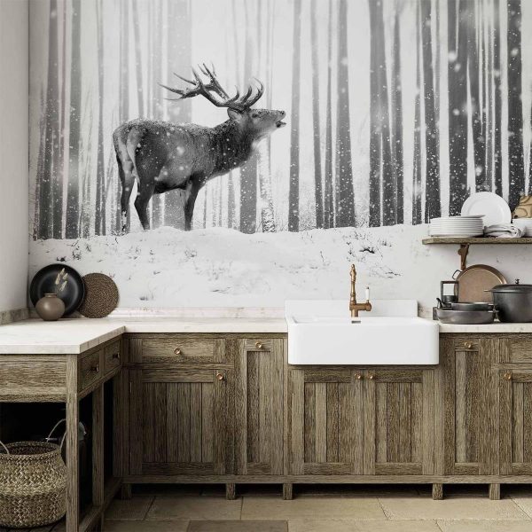 Papier peint - Deer in the Snow (Black and White)