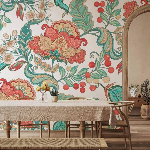 Papier peint - Ethnic vegetation - plant motif with ornaments in coloured flowers