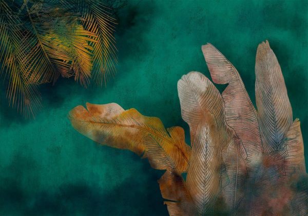 Papier peint - Exotic jungle - plant motif with reflected leaves on a green background