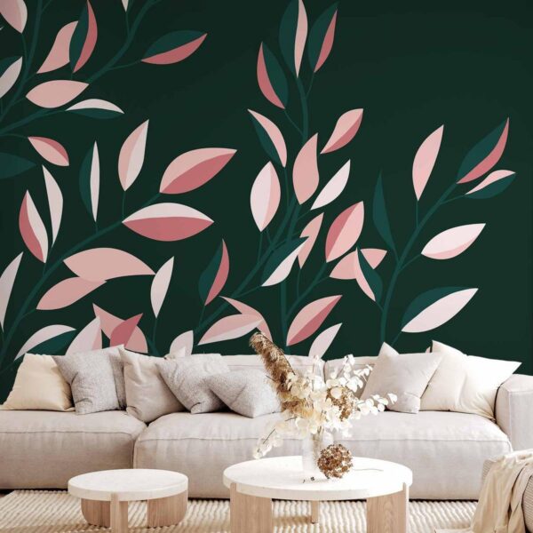 Papier peint - Flowering vine - minimalist climbing leaves on a green background Papier peint - Flowering vine - minimalist climbing leaves on a green background
