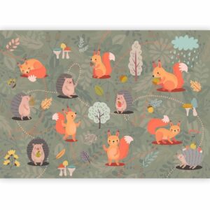 Papier peint - Friends from the forest - colourful forest with mushrooms and animals for children