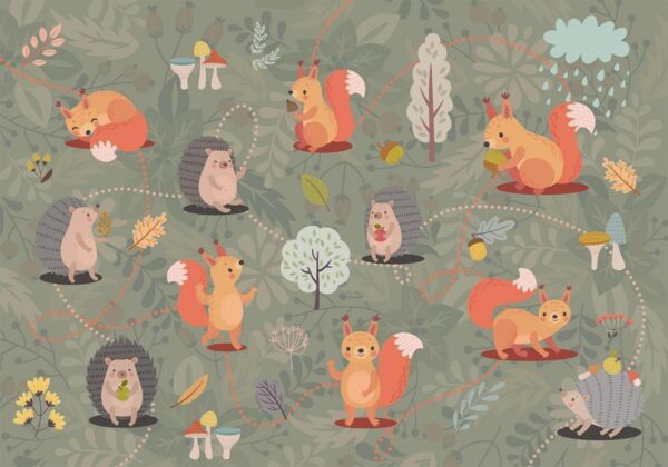Papier peint - Friends from the forest - colourful forest with mushrooms and animals for children