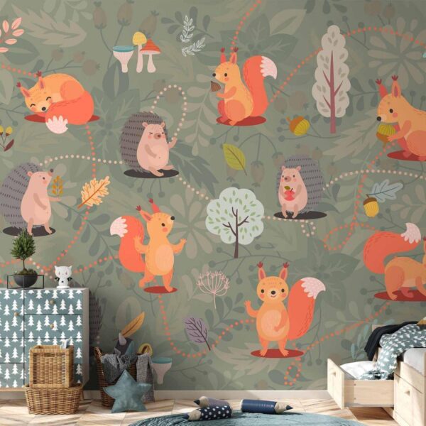 Papier peint - Friends from the forest - colourful forest with mushrooms and animals for children Papier peint - Friends from the forest - colourful forest with mushrooms and animals for children
