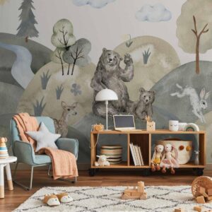 Papier peint - Green Hills - a Valley With Animals Painted in Watercolours