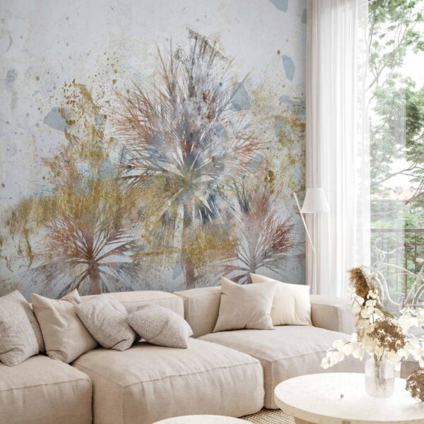 Papier peint - Grey palms - plant motif in an abstract composition with patterns Papier peint - Grey palms - plant motif in an abstract composition with patterns
