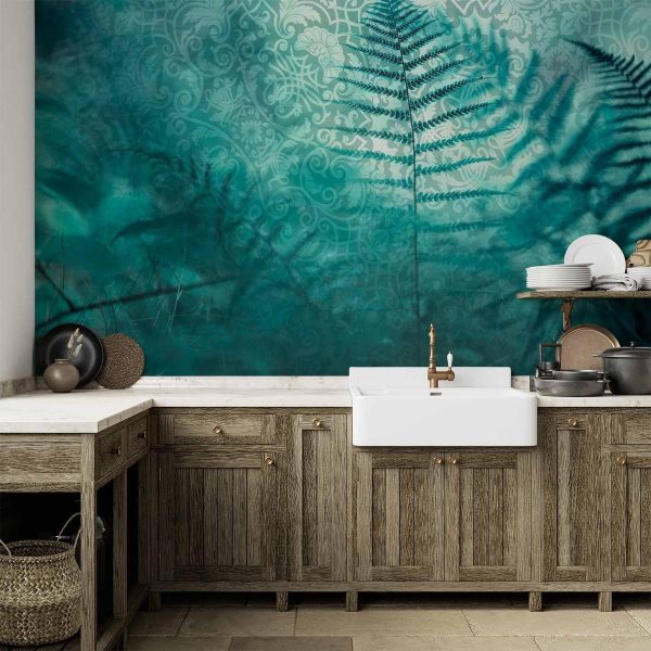 Papier peint - In a forest retreat - abstract composition with ferns and patterns Papier peint - In a forest retreat - abstract composition with ferns and patterns