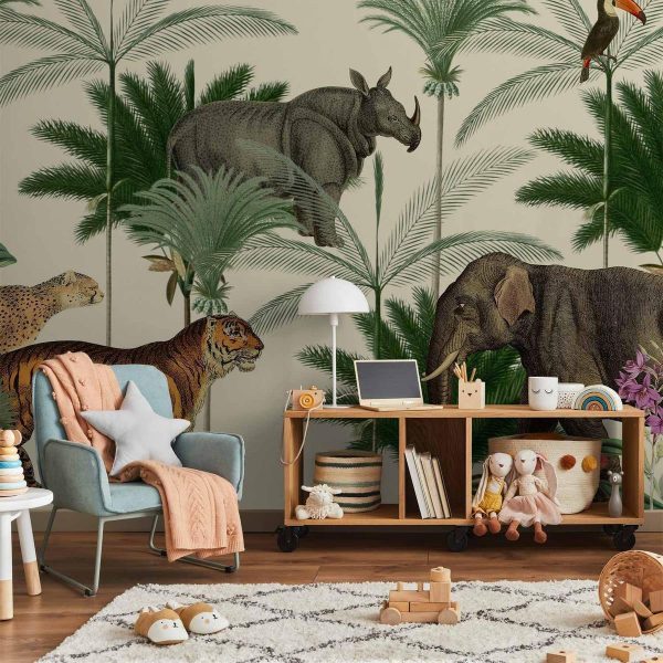 Papier peint - Jungle Land With Animals in the Style of Old Engravings Papier peint - Jungle Land With Animals in the Style of Old Engravings