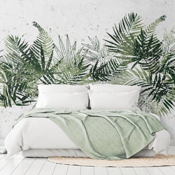 Papier peint - Jungle and green plume - large tropical leaves on a white background