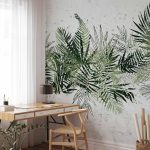 Papier peint - Jungle and green plume - large tropical leaves on a white background
