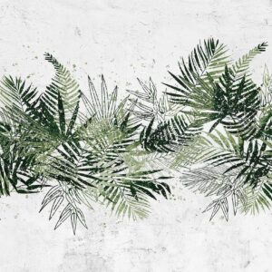 Papier peint - Jungle and green plume - large tropical leaves on a white background