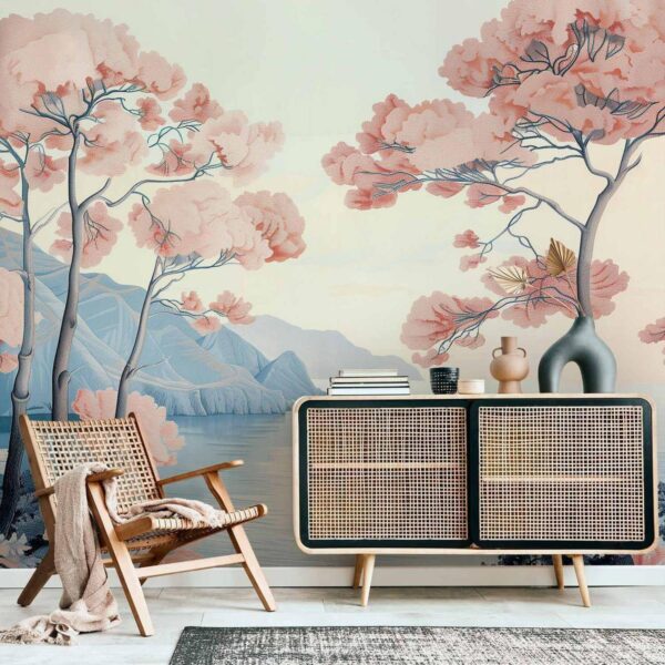 Papier peint - Landscape with the Ocean Cliffs and Trees in Delicate Pink Shades