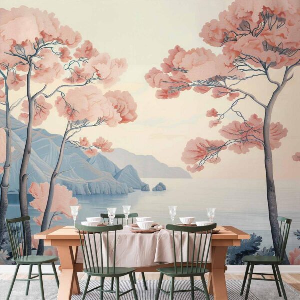 Papier peint - Landscape with the Ocean Cliffs and Trees in Delicate Pink Shades Papier peint - Landscape with the Ocean Cliffs and Trees in Delicate Pink Shades