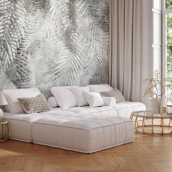 Papier peint - Light and shadow - grey and white composition with floral motif and pattern Papier peint - Light and shadow - grey and white composition with floral motif and pattern