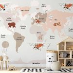 Papier peint - Map in Shades of Beige - Continents With Animals