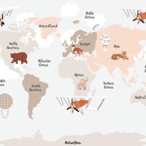 Papier peint - Map in Shades of Beige - Continents With Animals