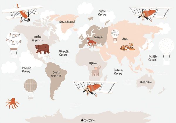 Papier peint - Map in Shades of Beige - Continents With Animals