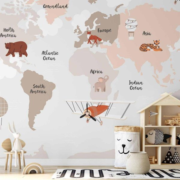 Papier peint - Map in Shades of Beige - Continents With Animals Papier peint - Map in Shades of Beige - Continents With Animals