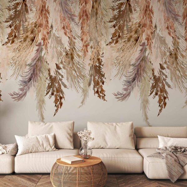 Papier peint - Minimalist boho landscape - dangling leaves in beige colours Papier peint - Minimalist boho landscape - dangling leaves in beige colours