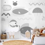 Papier peint - Minimalist grey ocean - geometric fish in water for children