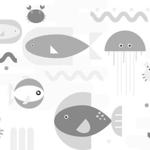 Papier peint - Minimalist grey ocean - geometric fish in water for children