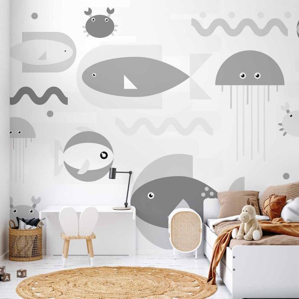Papier peint - Minimalist grey ocean - geometric fish in water for children Papier peint - Minimalist grey ocean - geometric fish in water for children