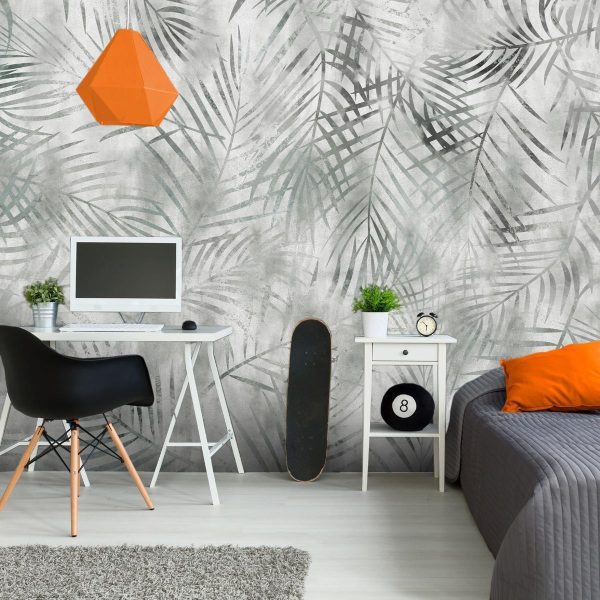 Papier peint - Minimalist landscape - nature motif with grey exotic leaves