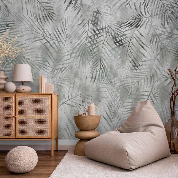 Papier peint - Minimalist landscape - nature motif with grey exotic leaves Papier peint - Minimalist landscape - nature motif with grey exotic leaves