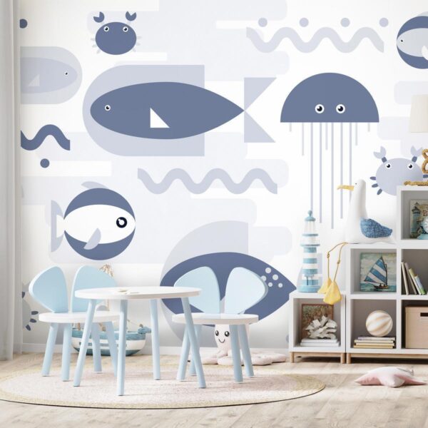 Papier peint - Minimalist ocean - geometric fish and crabs in water for kids