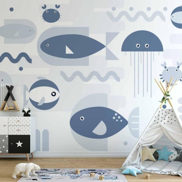 Papier peint - Minimalist ocean - geometric fish and crabs in water for kids Papier peint - Minimalist ocean - geometric fish and crabs in water for kids