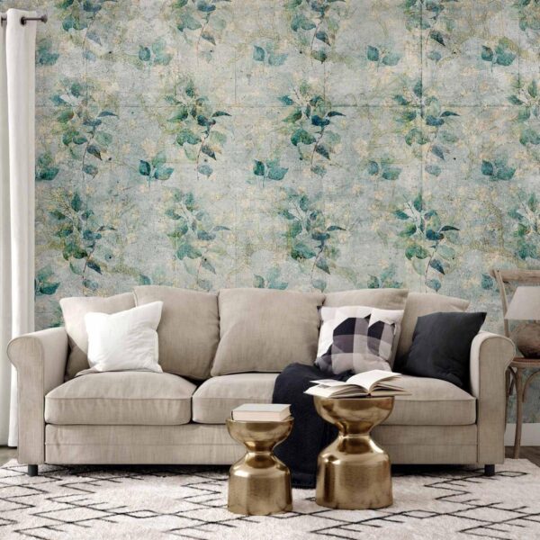 Papier peint - Mint tones - green leaf bouquets on a retro patterned background Papier peint - Mint tones - green leaf bouquets on a retro patterned background