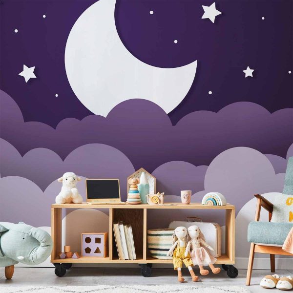 Papier peint - Moon dream - clouds in a purple sky with stars for children Papier peint - Moon dream - clouds in a purple sky with stars for children