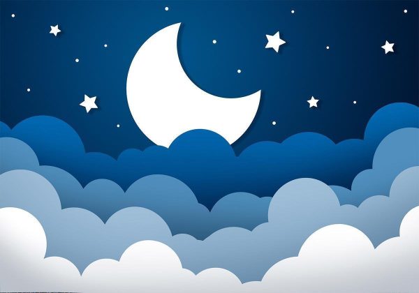 Papier peint - Moon dream - clouds on a dark blue sky with stars for children